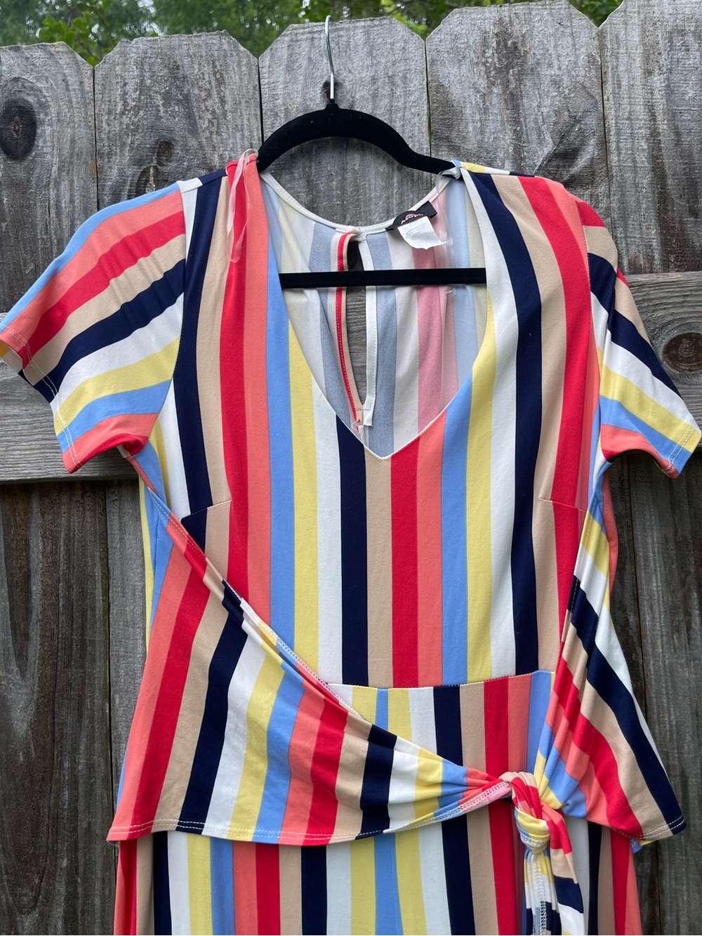 Striped Wrap-Front Short Sleeve Jumpsuit in Multi Color size 1X - Picture 2 of 10